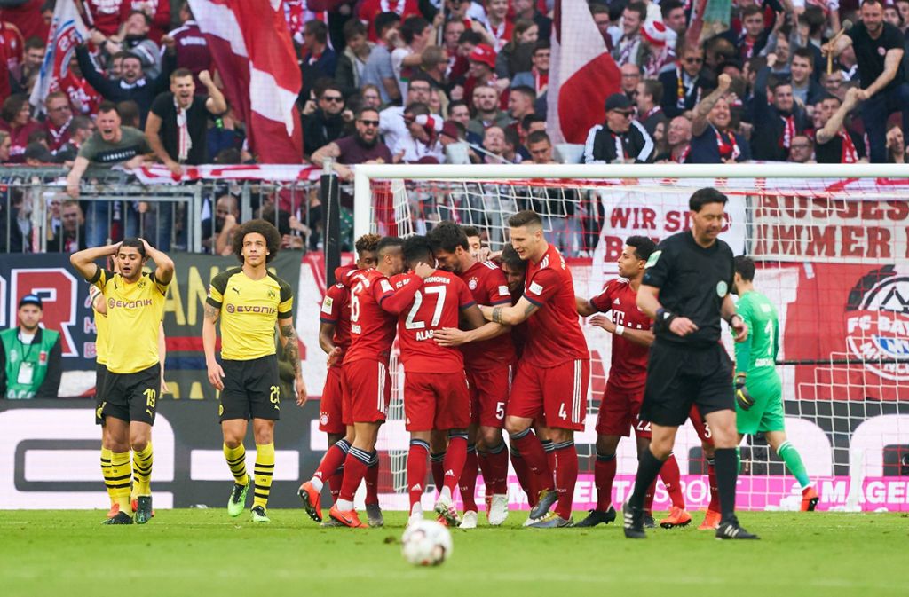Bayern-Jubel im bisher letzten Bundesliga-Duell: Die Münchner demütigen den BVB im April mit 5:0.