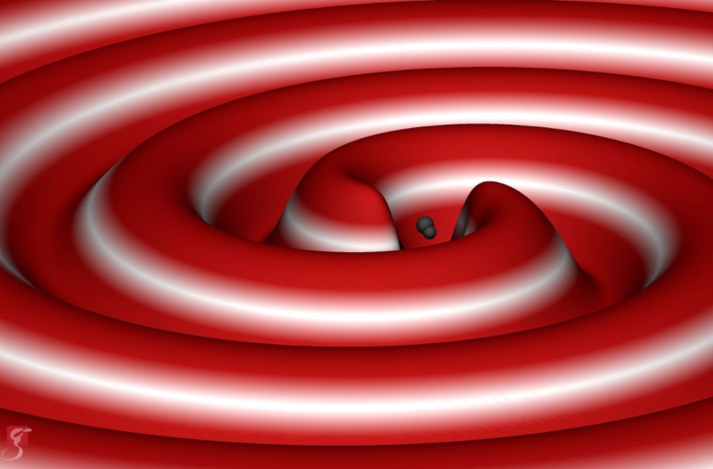 Diese Simulation zeigt dreidimensional, wie zwei Schwarze Löcher unter Abstrahlung von Gravitationswellen verschmelzen.