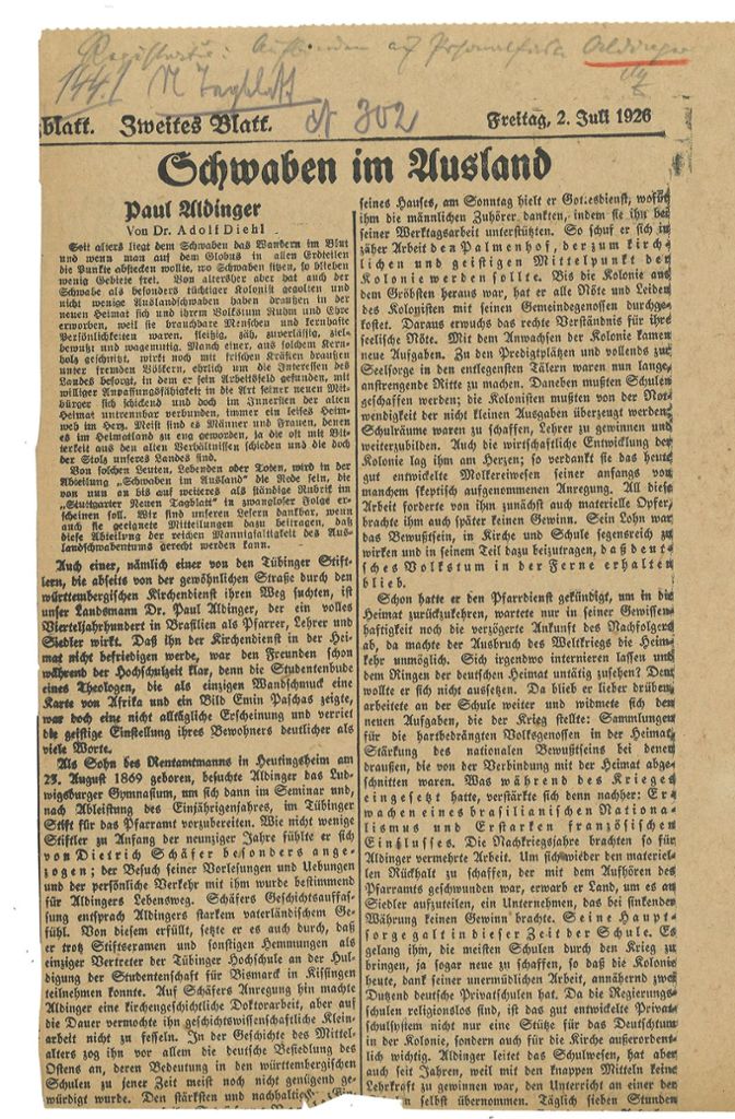 Zeitungsbericht über Paul Aldinger in Brasilien aus dem Jahr 1926.