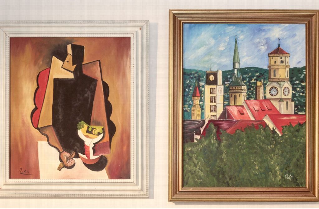 Links ein falscher Picasso, rechts eine Ansicht Stuttgarts, gemalt von Kujau im Stile des Malers Oskar Kokoschka.