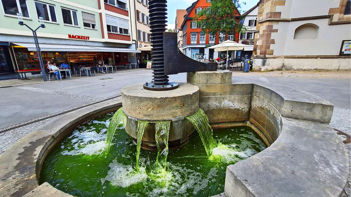 Wasser im Rathaus-Brunnen verfärbt: Aus Cannstatts Weinpresse sprudelt’s grün