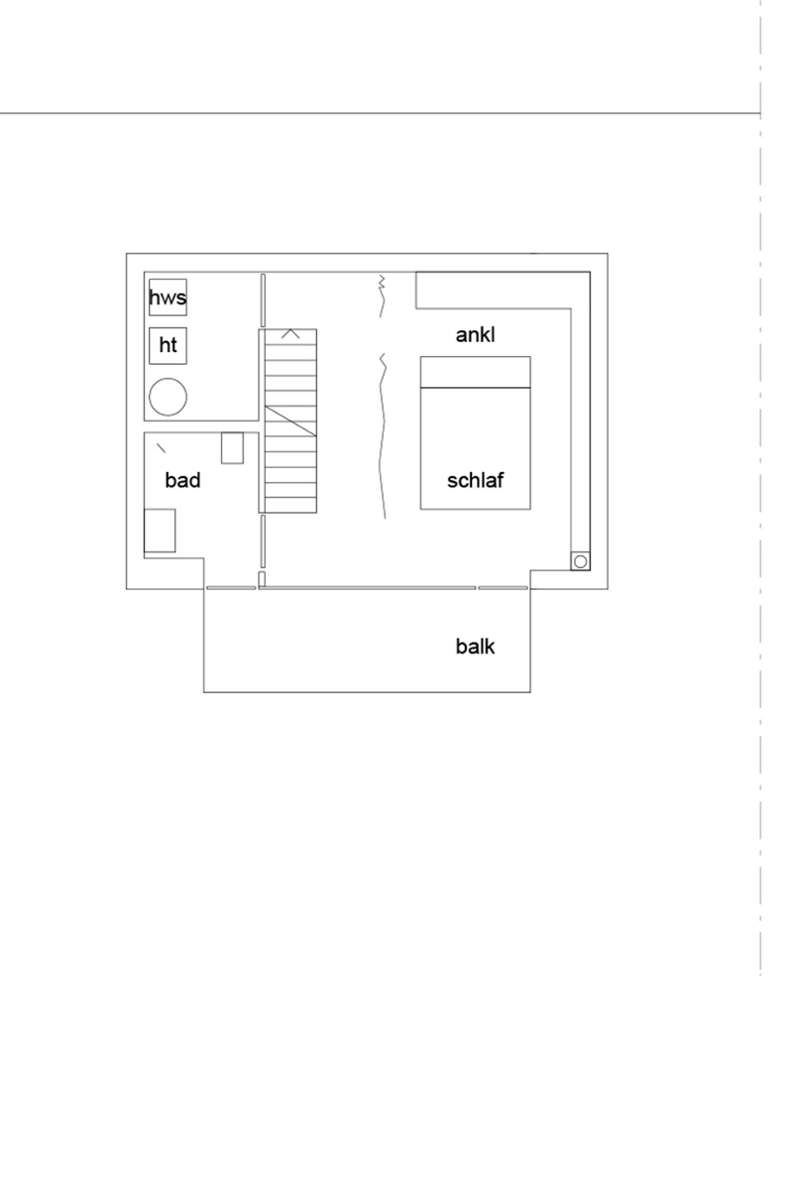 Ebene 1 mit Schlafzimmer und Bad.