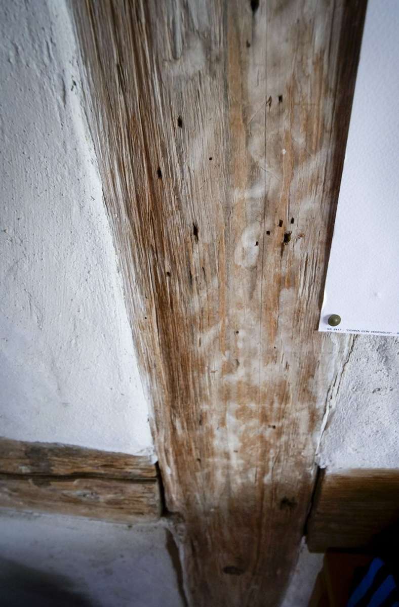 Auf manchen Holzteilen des Fachwerks sind noch Markierungen der Zimmerer zu erkennen. Diese hier wurden vermutlich mit Kreide gemacht.