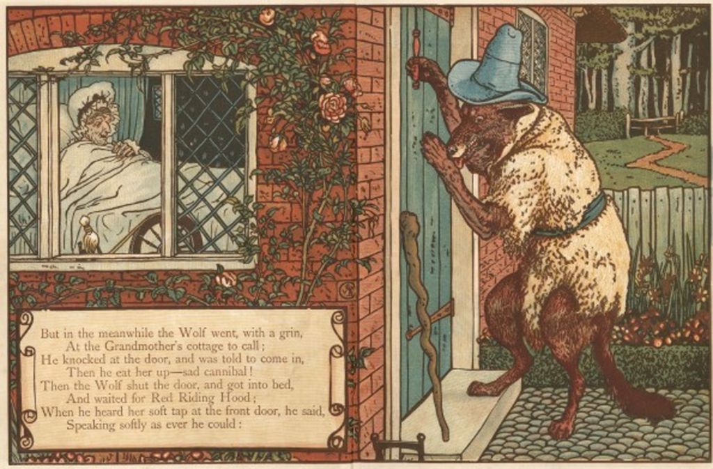 Als der Wolf an das Häuschen der Großmutter kam, fand er es verschlossen und klopfte an. Die Alte konnte nicht vom Bette aufstehen und rief: „Wer ist draußen?“ „Das Rotkäppchen!“, rief der Wolf mit verstellter Stimme. (Illustration von Walter Crane,1845-1915).