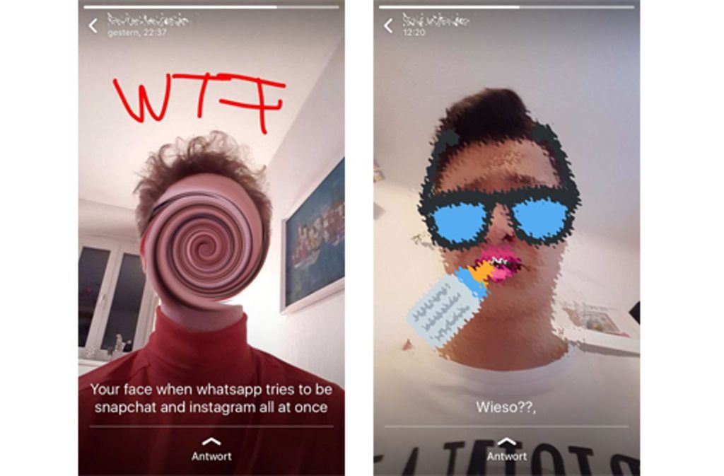 Eine Reaktion auf die neue Funktion: „Dein Gesicht, wenn WhatsApp zeitgleich versucht Snapchat und Instagram zu sein.“