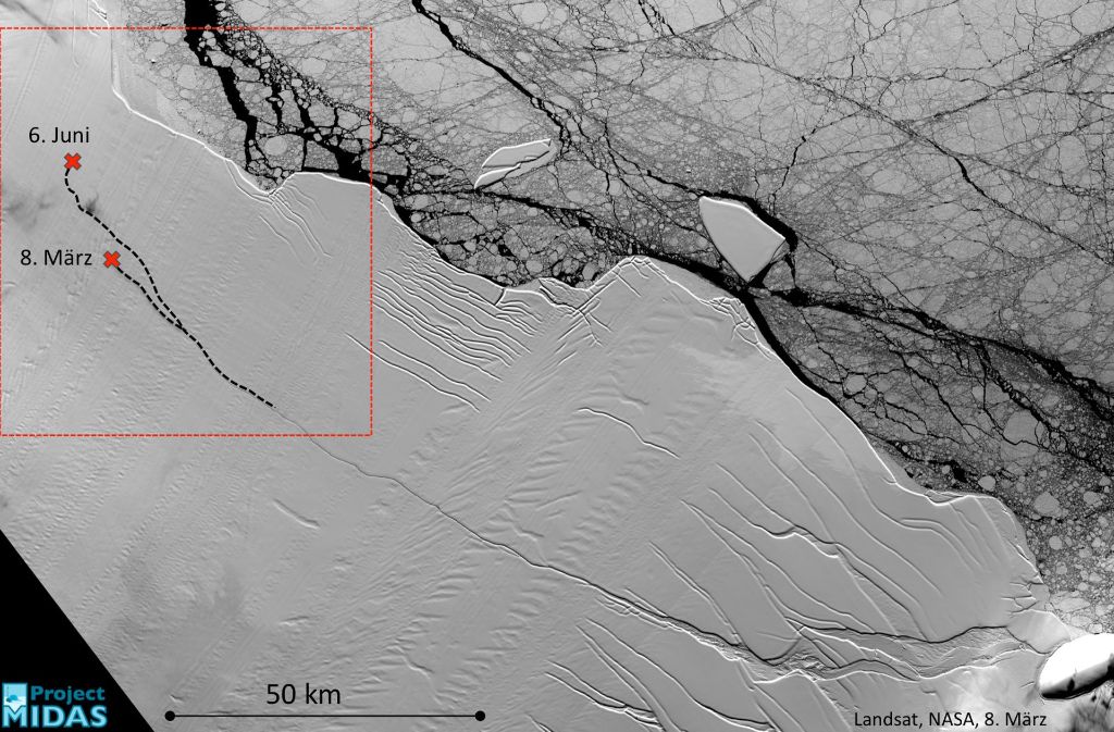 Das undatierte Handout-Foto zeigt ein optisches Satellitenbild vom März 2017 mit der ganzen Länge des Risses des Larsen-C-Schelfeises.