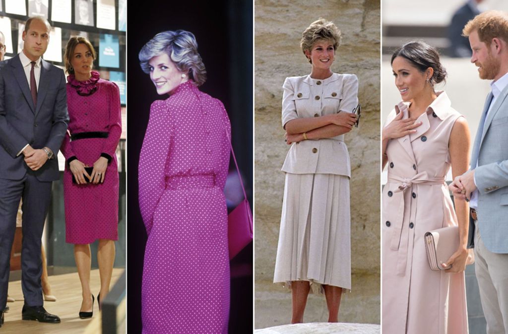 Da muss man zwei Mal hinschauen: Prinzessin Diana (Mitte) in Kleidern, die ihre Schwiegertöchter Kate (links) und Meghan (rechts) heute ganz ähnlich tragen.