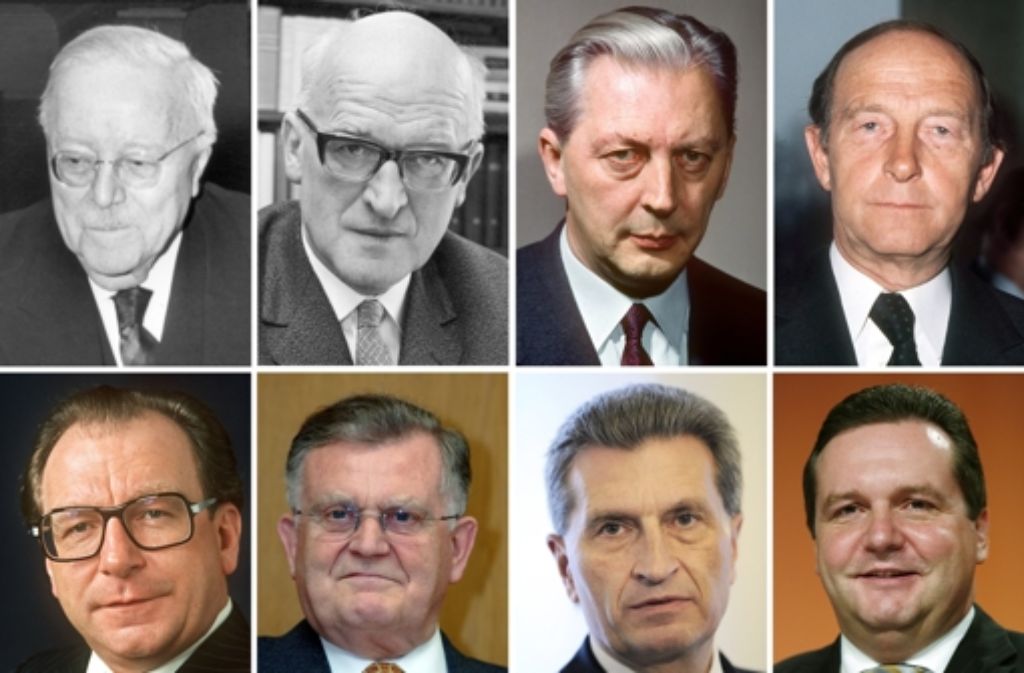 Acht Ministerpräsidenten in 60 Jahren Landesgeschichte: Reinhold Maier (1952-1953), Gebhard Müller (1953-1958), Kurt Georg Kiesinger (1958-1966), Hans Filbinger (1966-1978) Lothar Späth (1978-1991), Erwin Teufel (1991-2005), Günther Oettinger (1005-2010) und Stefan Mappus (2010-2011).