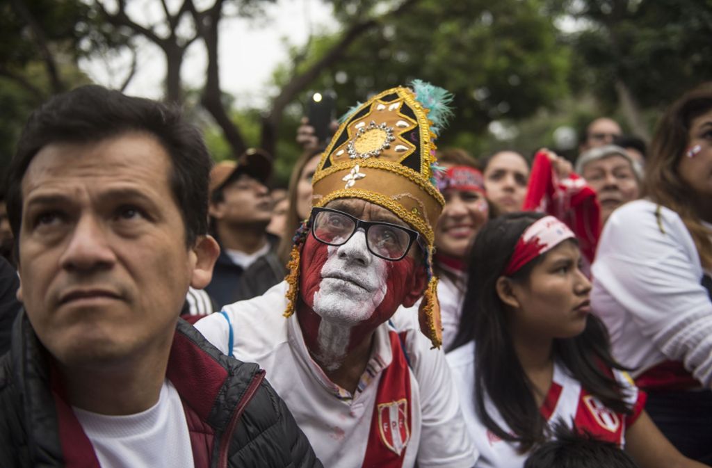 Dieser peruanische Fan lehnt sich mit seinem Outfit an das Volk der Inka an.