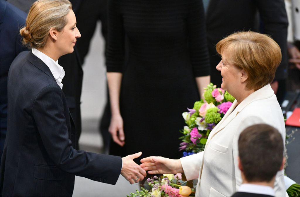 Alice Weidel, die Co-Vorsitzende der AfD-Fraktion, schüttelt Merkel die Hand.
