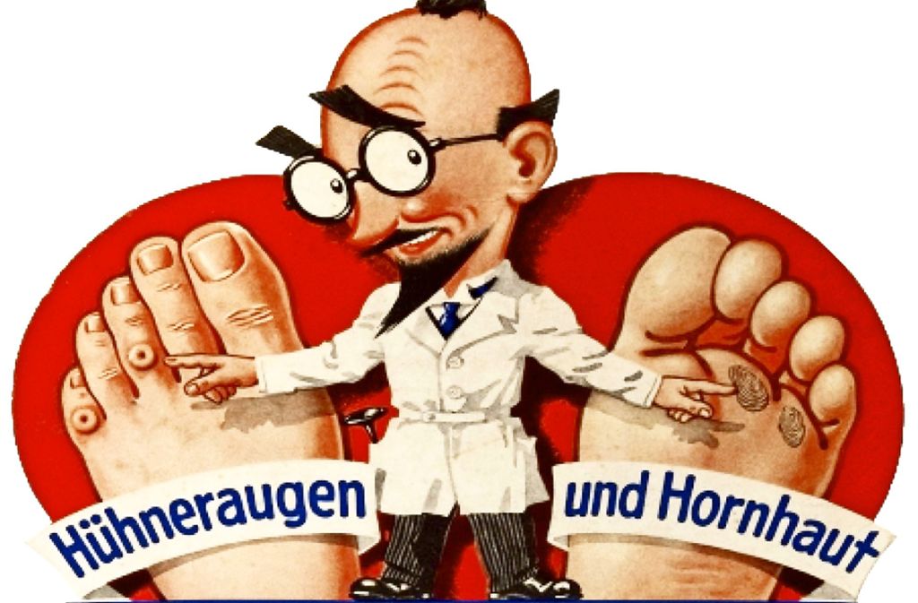 Dr. Unblutig, der Fachmann für Hühneraugenprobleme. Die Kukirol-Werbefigur war umstritten in den 1920er Jahren.