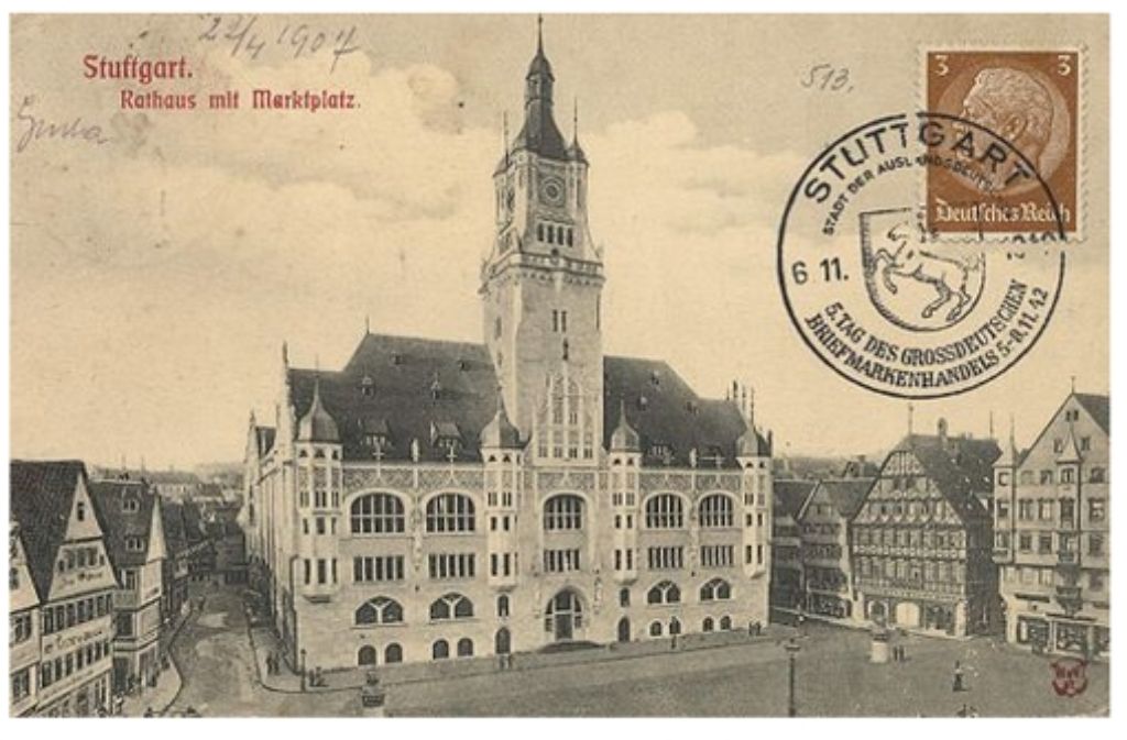 Das Stuttgarter Rathaus:Zu Beginn des 20. Jahrhunderts kam das Rathaus am Marktplatz noch als barockes Schmuckkästchen daher, wie diese Postkarte aus dem Jahr 1907 zeigt.