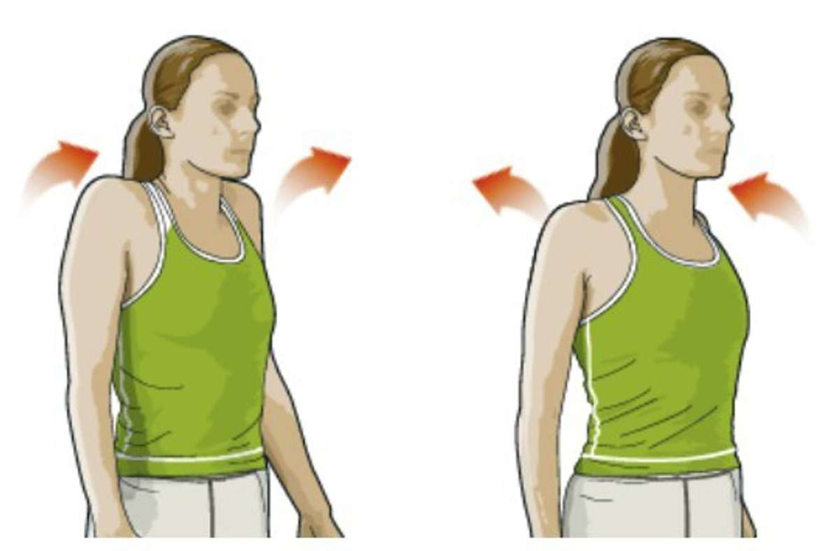 Schultern kreisen – lockert die Muskeln im Kopf-, Hals- und Schulterbereich 1. Lassen Sie die Arme locker hängen und entspannen Sie die Schultern. Kopf gerade halten, Wirbelsäule neutral. 2. Die Schultern nach vorne und innen bringen und dabei langsam in Richtung Ohren anheben. 3. Mit den Schultern nach hinten kreisen und in die Ausgangsposition zurückkehren. Geradeaus blicken. Die Muskeln der Körpermitte bleiben angespannt.