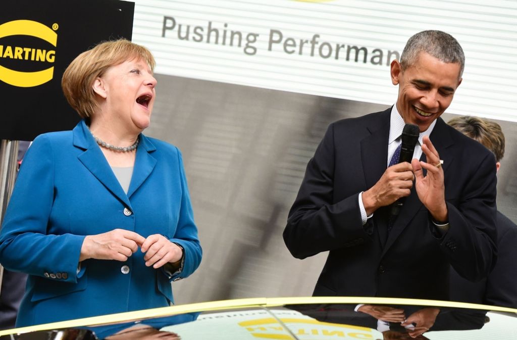 Angela Merkel und US-Präsident Barack Obama hatten sichtlich Spaß während ihres Besuchs auf der Industriemesse in Hannover.