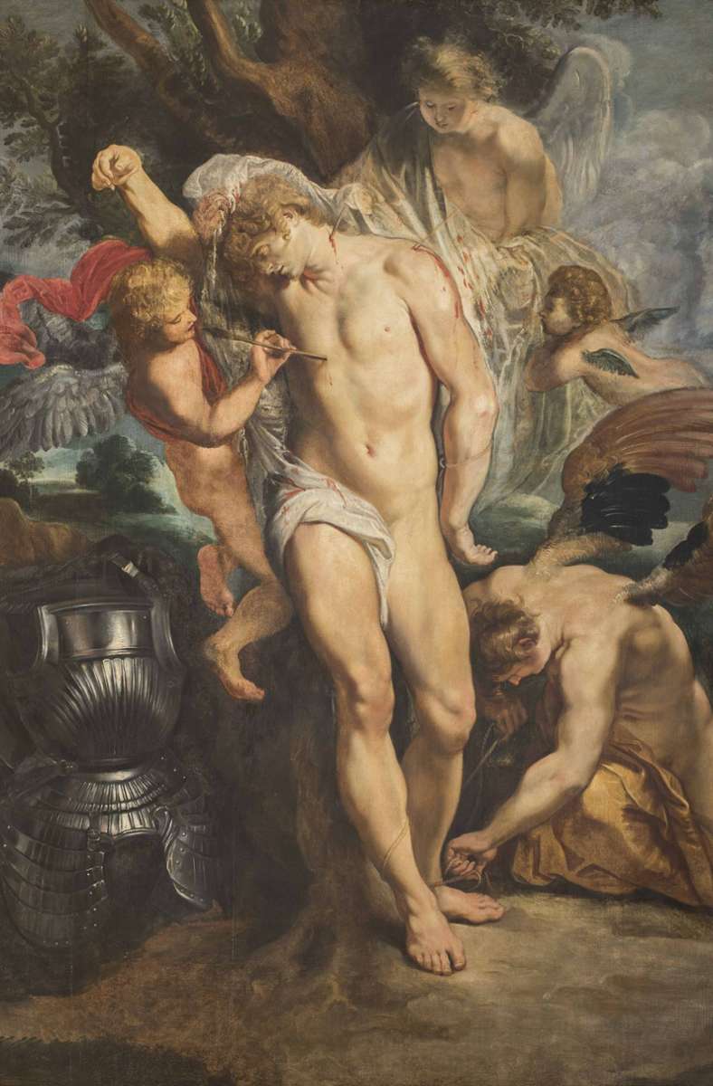 Rubens hat auch christliche Motive gemalt – zum Beispiel den Heiligen Sebastian, der von Engeln gepflegt wird, nachdem er zuvor mit Pfeilen beschossen wurde.