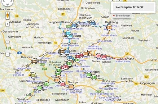 Die „Livemap“ zeigt an, wo sich die einzelnen Züge angeblich gerade befinden. Doch die Lageinformation ist nicht live, sondern hochgerechnet. Foto: StZ / Screenshot