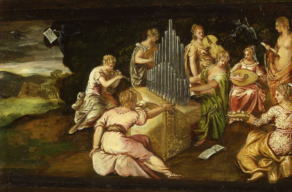 Jacopo Tintoretto, Der Musikwettstreit zwischen Musen und Pieriden, um 1555, Öl auf Holz, 46 x 91 cm