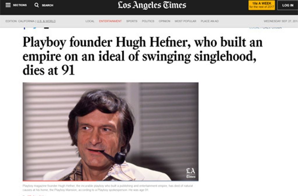 Die Los Angeles Times huldigt Hugh Hefner.