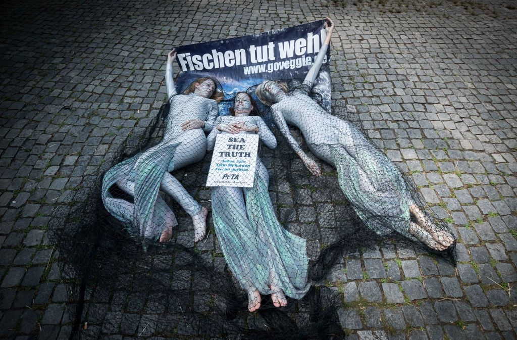 Peta-Aktivisten demonstrierten in Stuttgart jüngst gegen Fischfang.