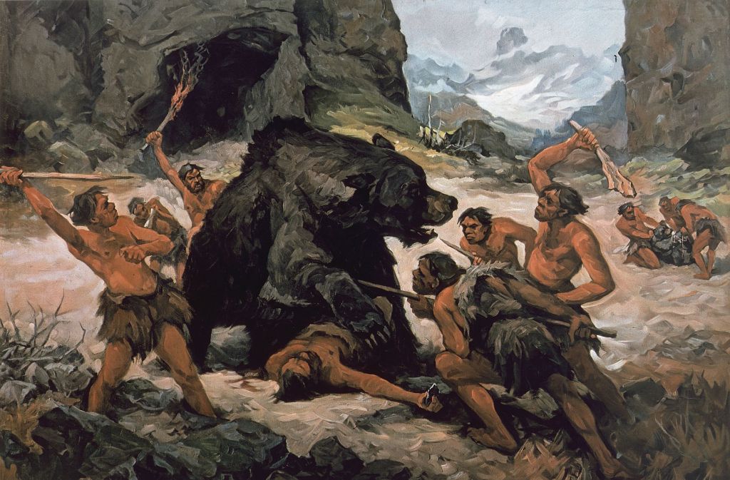 So könnten sie ausgesehen haben: Neandertaler bei der Jagd auf einen Höhlenbären.