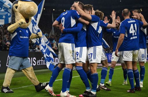 Schalke 04 jubelt über einen deutlichen Sieg über Hertha BSC. Foto: AFP/INA FASSBENDER