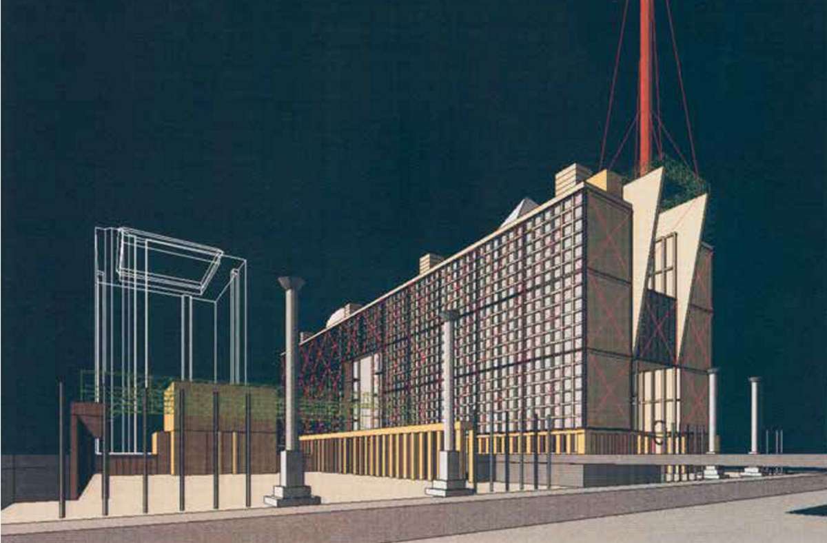 Arata Isozaki: New Tokyo City Hall-Wettbewerb, Perspektive von Nordwest, 1986, CAD print