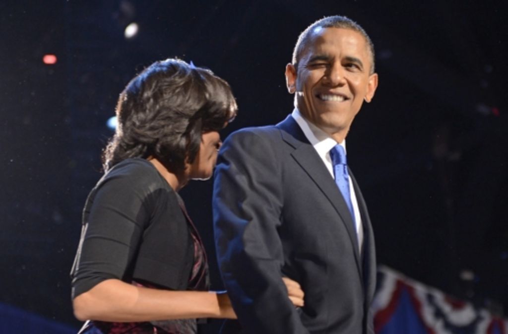 So sehen Sieger aus: Barack Obama mit seiner Frau Michele und Vizepräsident Joe Biden mit seiner