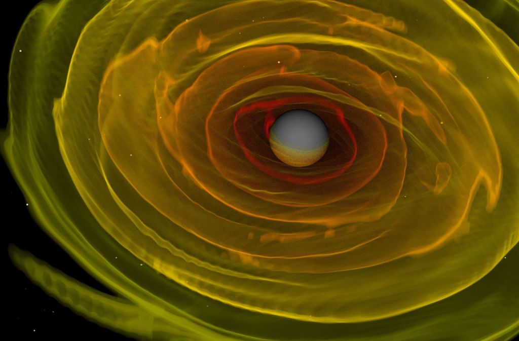 Numerisch-relativistische Simulation zweier einander umkreisender und verschmelzender Neutronensterne. Dargestellt ist das bei der Verschmelzung der beiden Neutronensterne entstandene schwarze Loch und die es umgebende Aggregationsscheibe. Höhere Dichten sind rot dargestellt, geringere Dichten sind gelb dargestellt.
