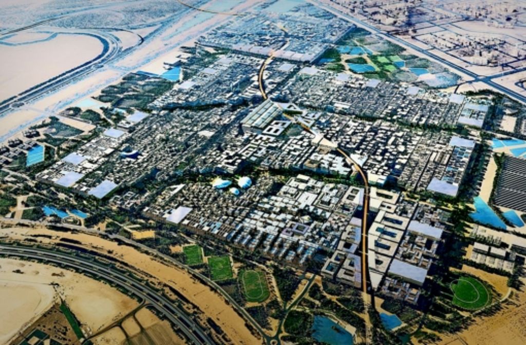 So soll Masdar City im Jahr 2025 aus der Luft aussehen. Bisher stehen allerdings erst 13 Gebäude auf der Fläche einiger Fußballfelder. Illustration: Foster and Partners, Foto: dpa