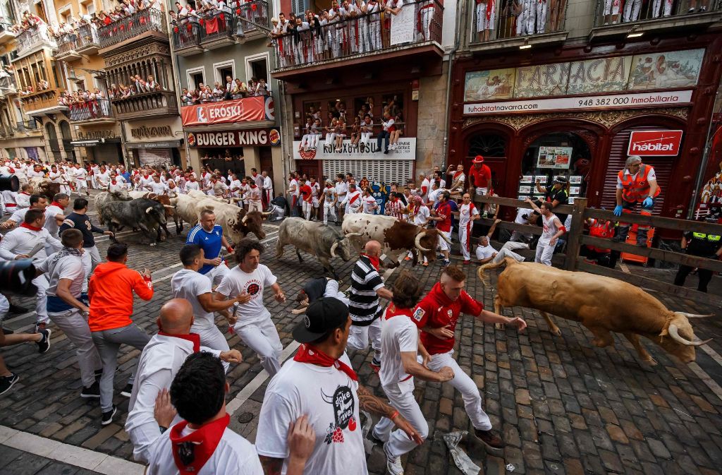 In der nordspanischen Stadt Pamplona rennen wieder die Bullen. Foto: AFP