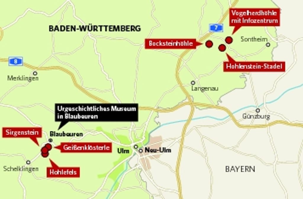 Die sechs Höhlen auf der Schwäbischen Alb, die 2017 zum Unesco-Weltkulturerbe ernannt werden sollen. Foto: StN/StZ-Grafik