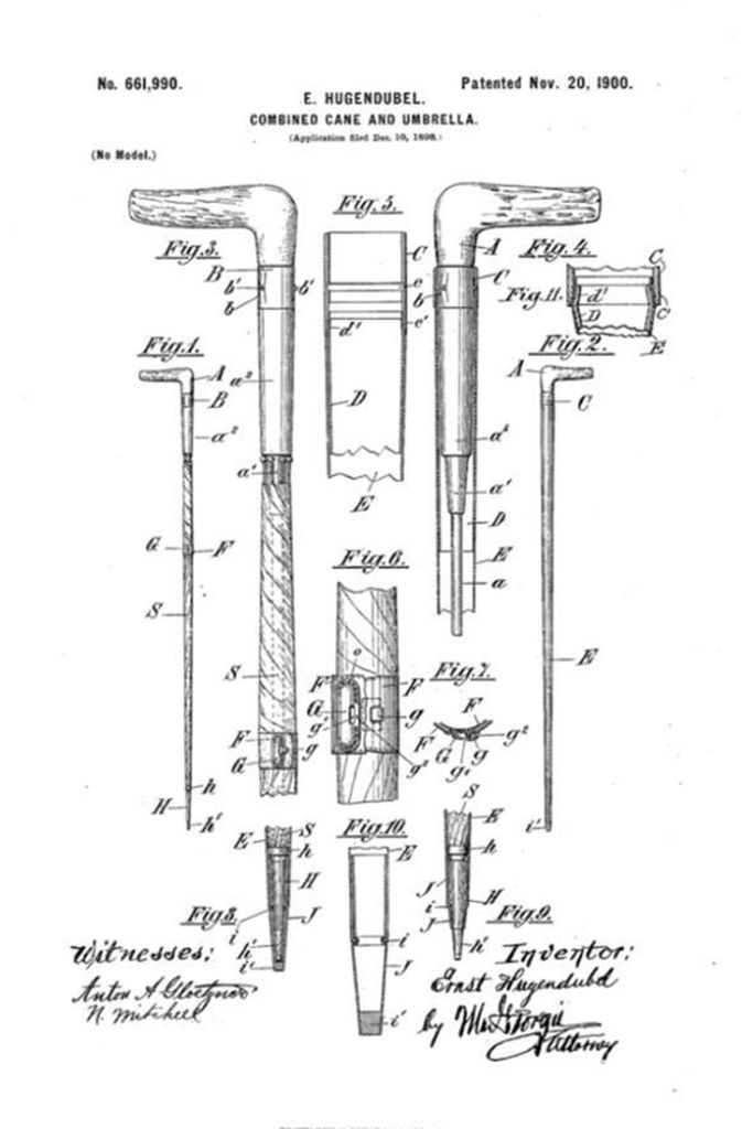 Die Patentzeichnung des Stockschirmes mit Teleskopfutteral, Der Erfinder Ernst Hugendubel ist der Großvater von Regine Hugendubel.