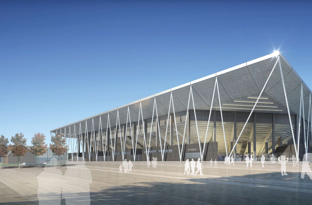 Für den SC Freiburg entsteht ein neues Stadion, die Stahldachkonstruktion hat eine Grundfläche von 24 000 Quadratmetern. Diagonale Außenstützen leiten die Zugkräfte in den Grund.