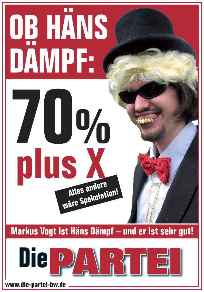 Ein Flyer von OB-Kandidat Markus Vogt alias Häns Dämpf: 70 Prozent plus X sind sein Ziel.