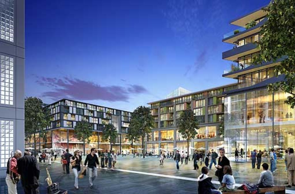 Die geplanten drei Baublöcke des umstrittenen Einkaufszentrums mit 400 Wohnungen darüber sollen sich zum Mailänder Platz hin öffnen. Foto: Visualisierung: ECE