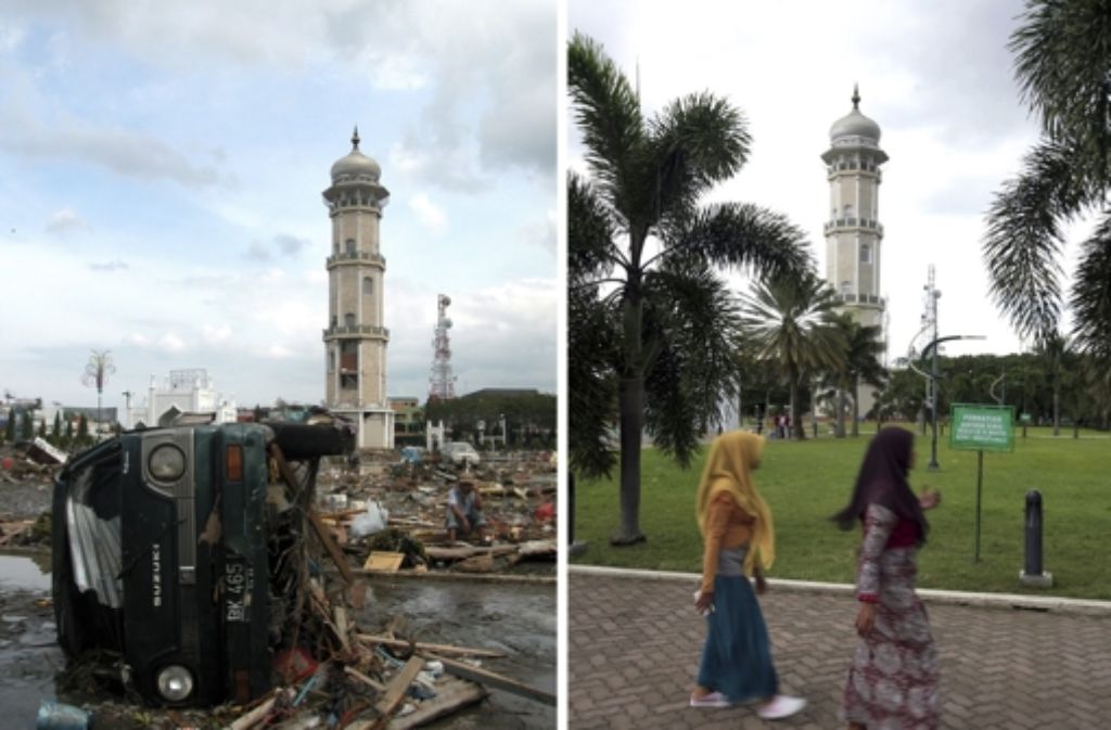 Banda Aceh vor zehn Jahren und heute: die Wunden sind verwachsen. Weitere Bilder vom Tsnuami 2004 zeigen wir in der folgenden Bilderstrecke.