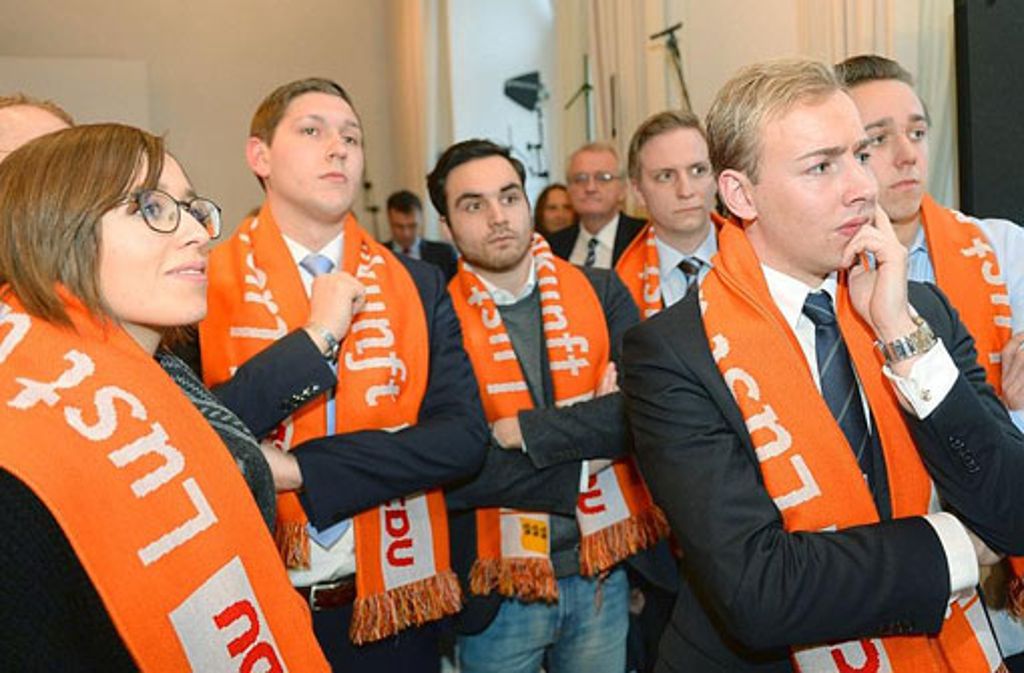 Geschockte Gesichter: Parteianhänger der CDU blickten ungläubig auf die ersten Hochrechnungen bei der Landtagswahl.