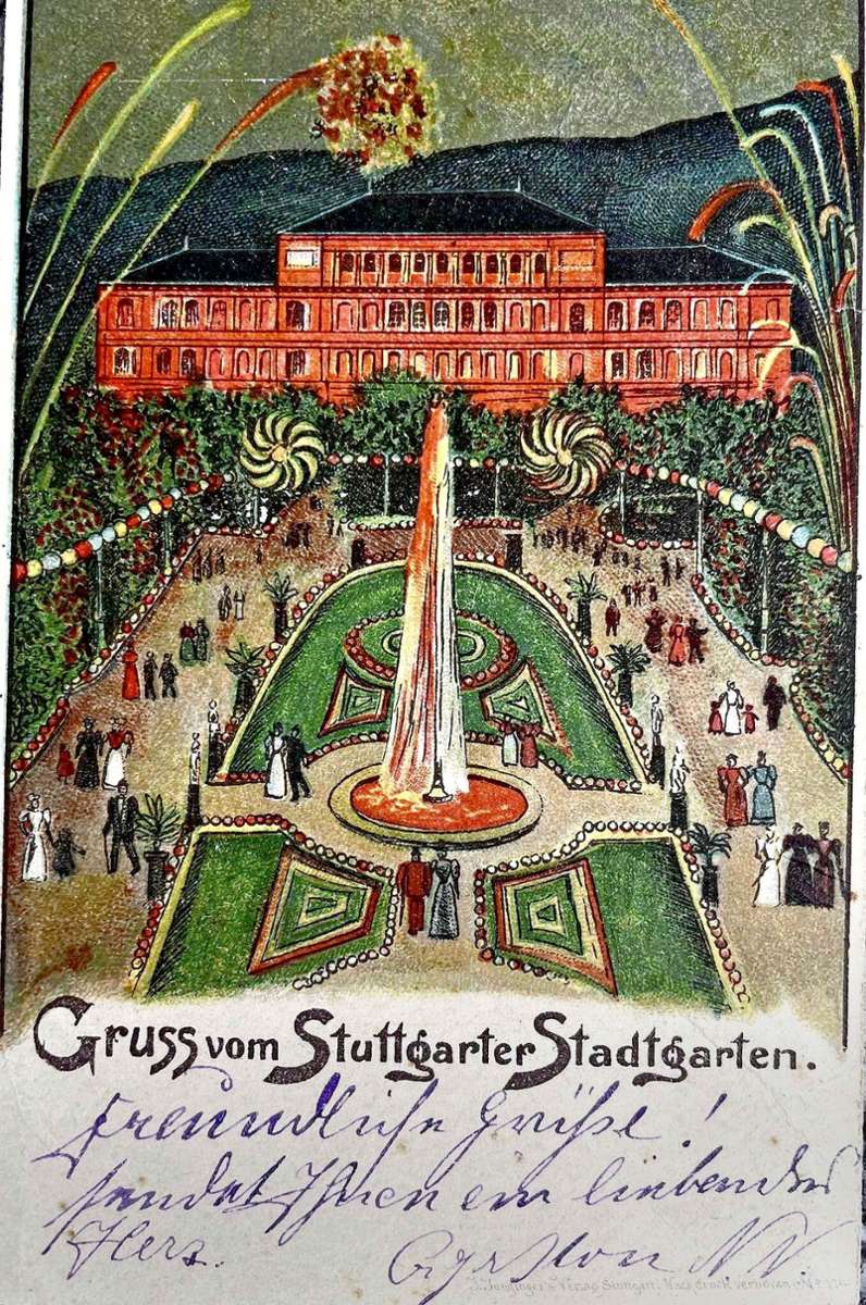 Ein Feuerwerk über den Stadtgarten. Diese Karte wurde vor über 100 Jahren (vermutlich am 2. Juli 1911) abgestempelt.