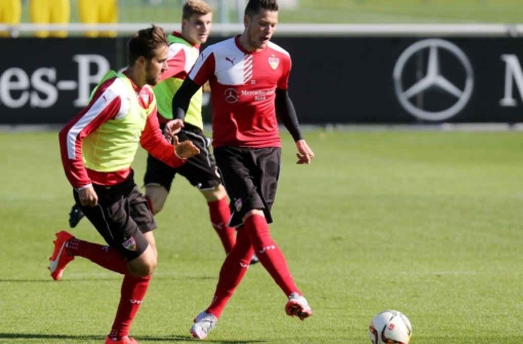 Beim VfB Stuttgart wurde am Dienstag im Training das Hauptaugenmerk auf die Offensive gelegt (von links: Martin Harnik, Timo Werner und Daniel Ginczek). Hier gibt es die Trainingsbilder.