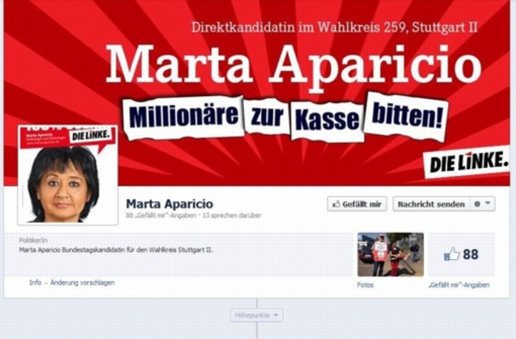 Knapp 90 Nutzern gefällt die Seite von Marta Aparicio (Die Linke), die im Wahlkreis Stuttgart II kandidiert. Sie aktualisiert in regelmäßigen Abständen. Rückmeldungen von Fans sind allerdings selten: hin und wieder wird mal ein Beitrag mit „Gefällt mir“ markiert.