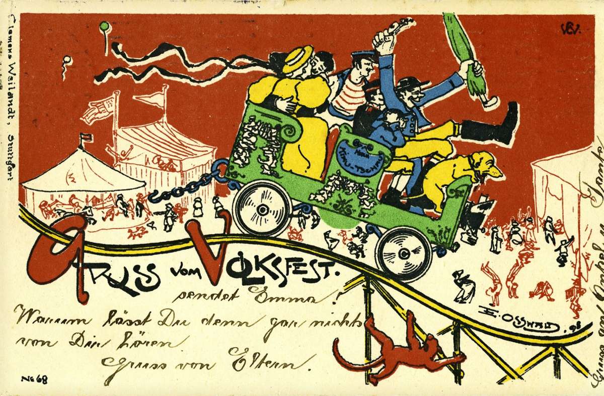 Die Grußkarte vom Cannstatter Volksfest ist 1902 abgestempelt worden.