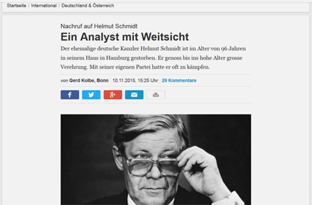 Die "Neue Zürcher Zeitung" lobt Schmidt als Mann mit "Weitsicht und die Fähigkeit zu fundierter Analyse".