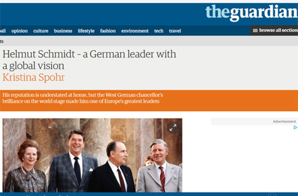 "The Guardian" schreibt: "Helmut Schmidt hat es verdient, als Westdeutschlands globaler Kanzler in Erinnerung zu bleiben."