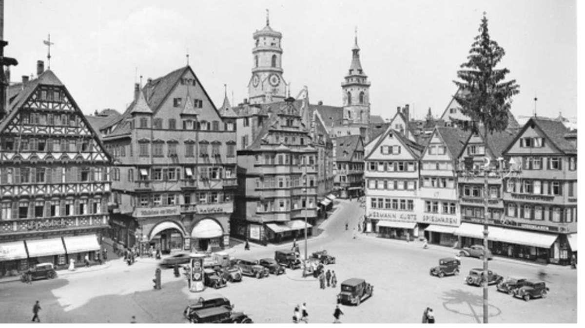 Der Stuttgarter Marktplatz mit den Firmen Speier, Haufler, Kurtz und Koch, vermutlich in den 1930ern