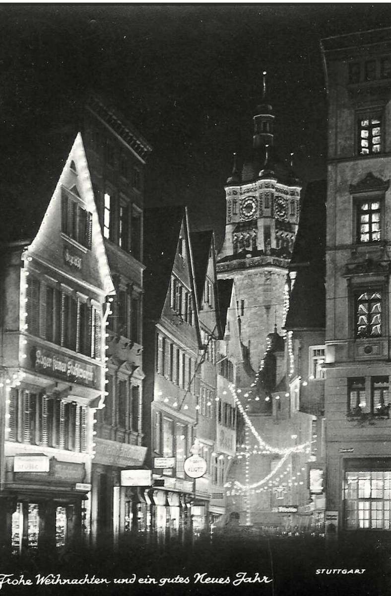 Weihnachtsgrußkarte mit dem Turm des alten Stuttgarter Rathaus