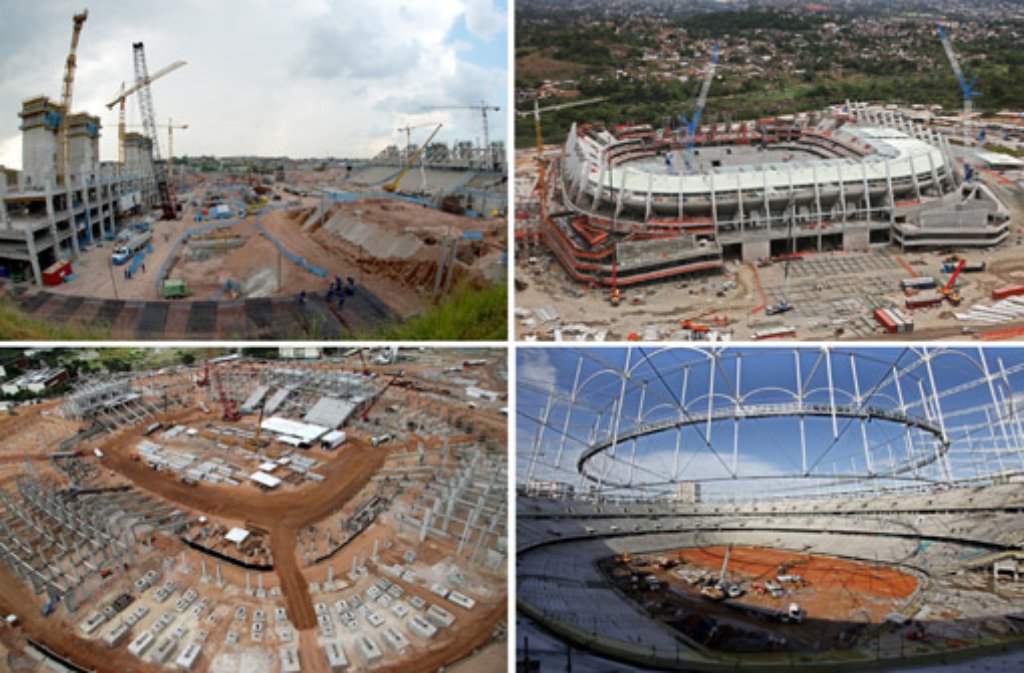 Die Fußball-Weltmeisterschaft 2014 in Brasilien wird in insgesamt zwölf Stadien ausgetragen. Sechs davon befinden sich noch im Bau. Das Foto zeigt vier der sechs noch nicht fertiggstellten Spielorte: Die "Arena Corinthians" in Sao Paulo (oben links), die "Arena Pernambuco General" in Recife (oben rechts), die "Arena das Dunas" in Natal (unten links) und die "Arena Fonte Nova" in Salvador da Bahia (unten rechts).