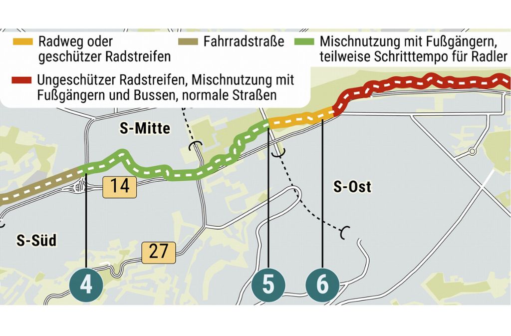 4 = Paulinenbrücke, 5 = Ferdinand-Leitner-Steg, 6 = Innenministerium