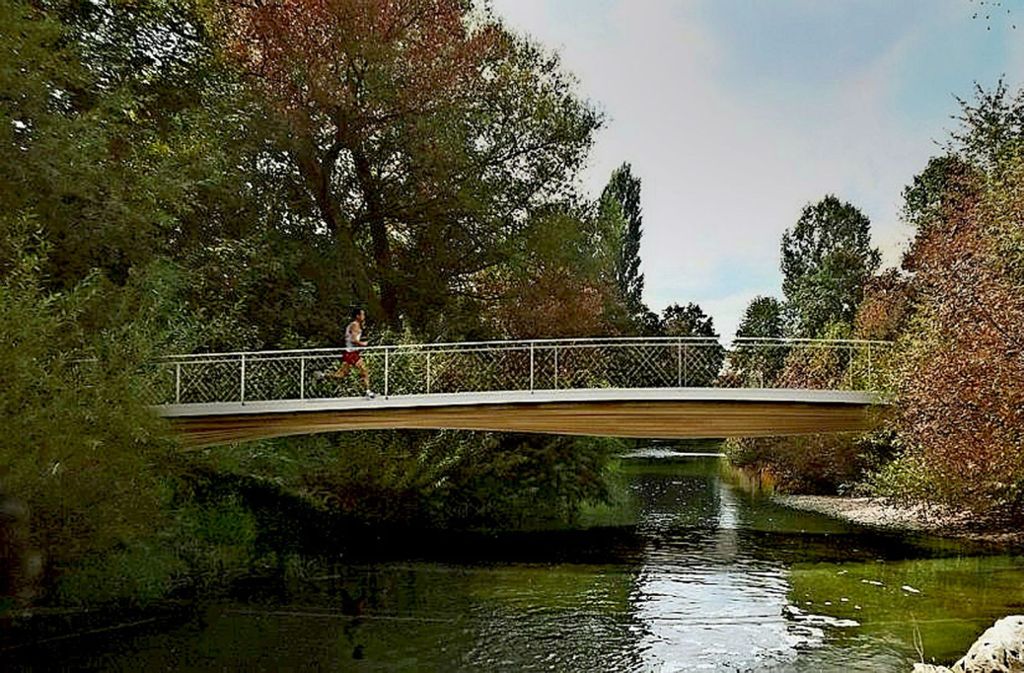 So könnte die Holzbrücke über der Rems aussehen. Foto: Animation: Architekturbüro Cheret und Bozic