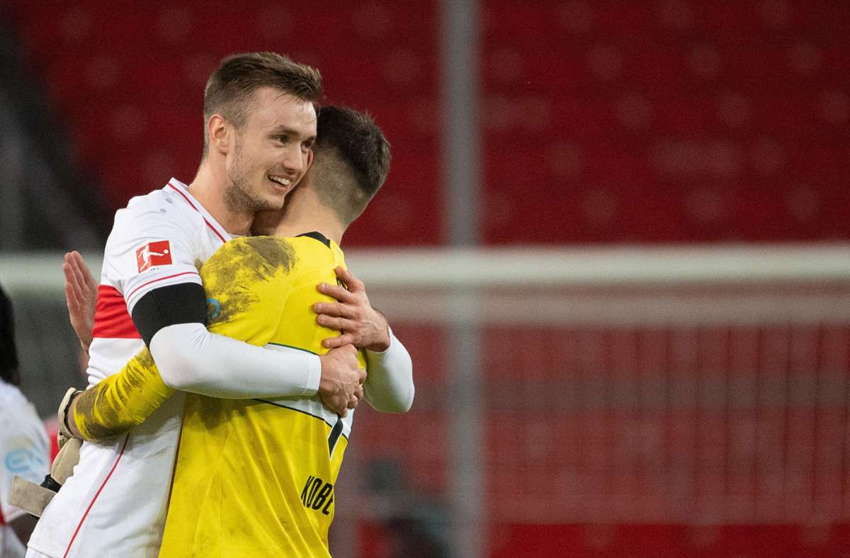 Sasa Kalajdzic vom VfB Stuttgart ist nach dem 2:2 gegen Union überglücklich.