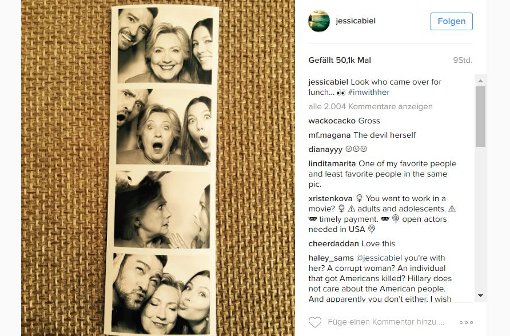 Justin Timberlake und Jesscia Biel haben sich mit Hillary Clinton fotografiert und die Bilder auf Instagram geteilt. Foto: Screenshot Instagram / jessicabiel